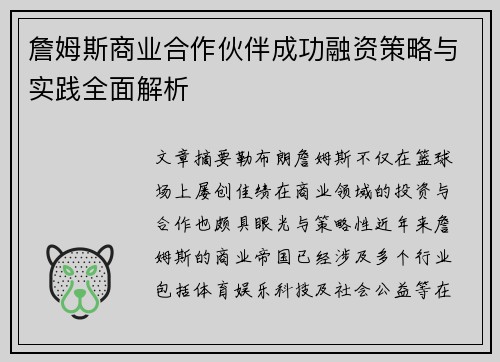 詹姆斯商业合作伙伴成功融资策略与实践全面解析